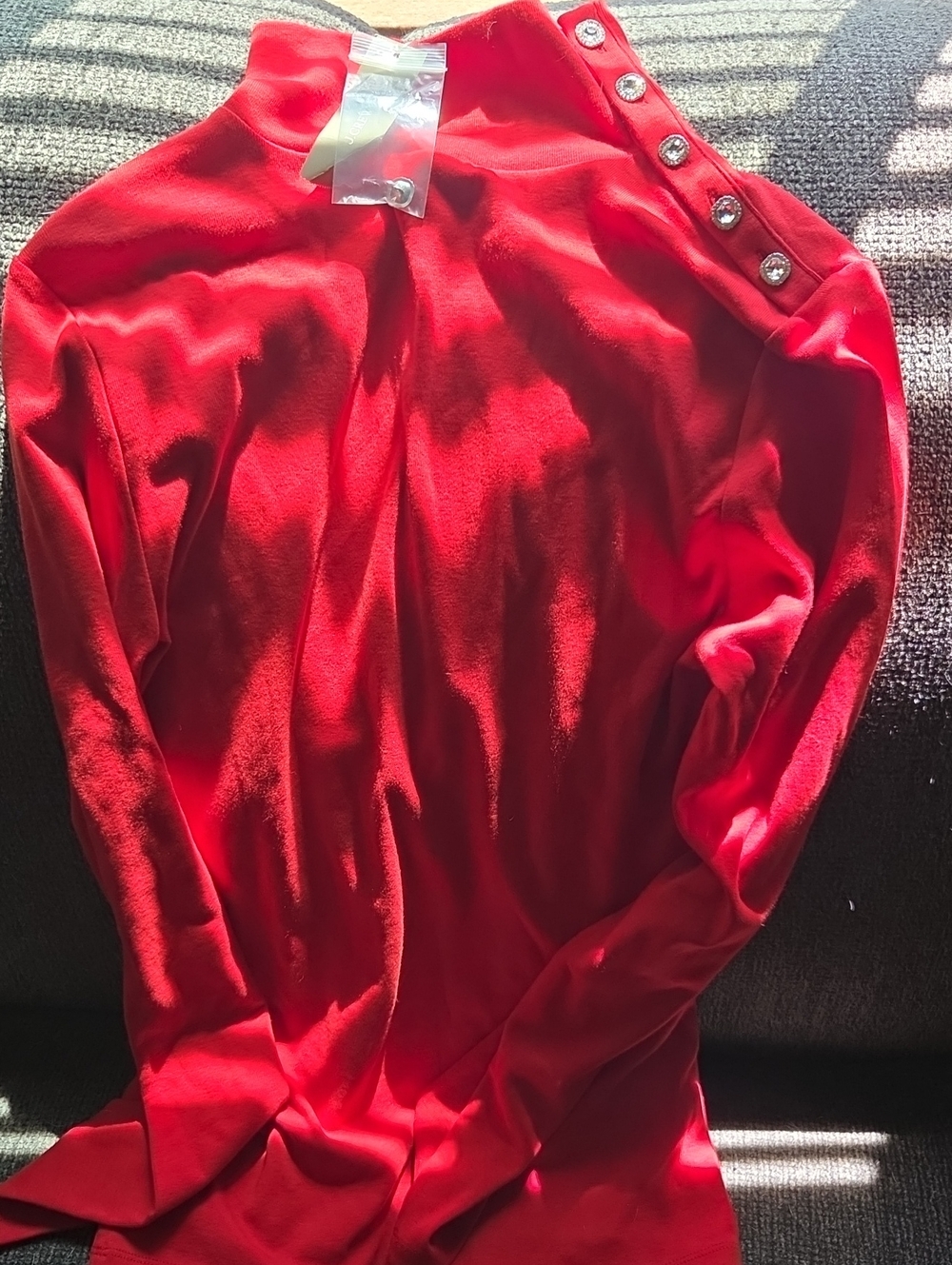 Red Long-Sleeve Mock Neck Top with Shoulder Buttons. J Crew.